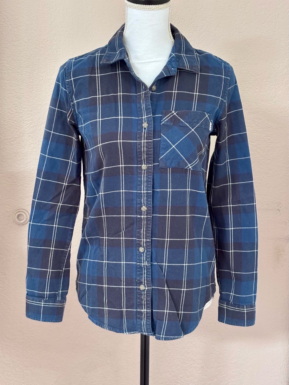Vans Women’s Navy and Black Plaid Button-Down Shirt, Small